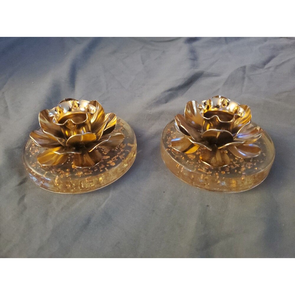 Vintage Pair Of MCM Retro Lucite Gold Flakes Flower Candle Holders Goldtone